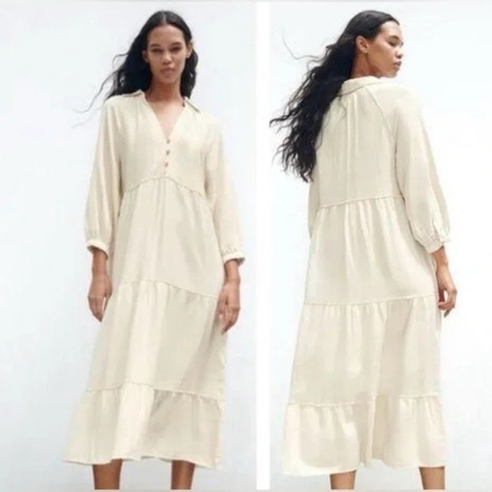 Zara Linen Blend Tiered Midi Dress Small Boho White Ivory Bridal Shower‎ Party